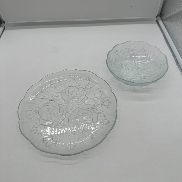 Pasari Crystal Dinner Plate & Soup Ceral Bowl Livia Set Glass Floral Rose - Picture 1 of 3